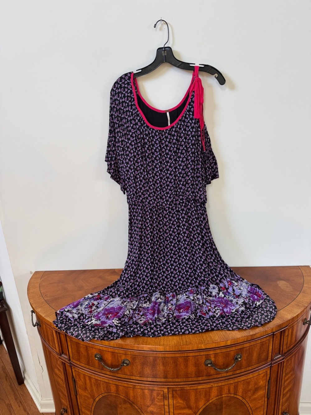 Free People Purple Floral One-Shoulder Dress with Hot Pink Trim